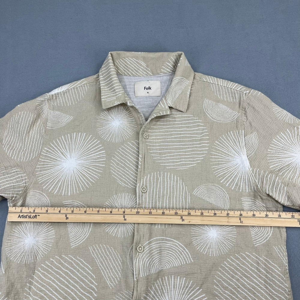 Folk Mens XL Tan Geometric Sunburst Print Textured Cotton Short Sleeve Shirt - Picture 5 of 13